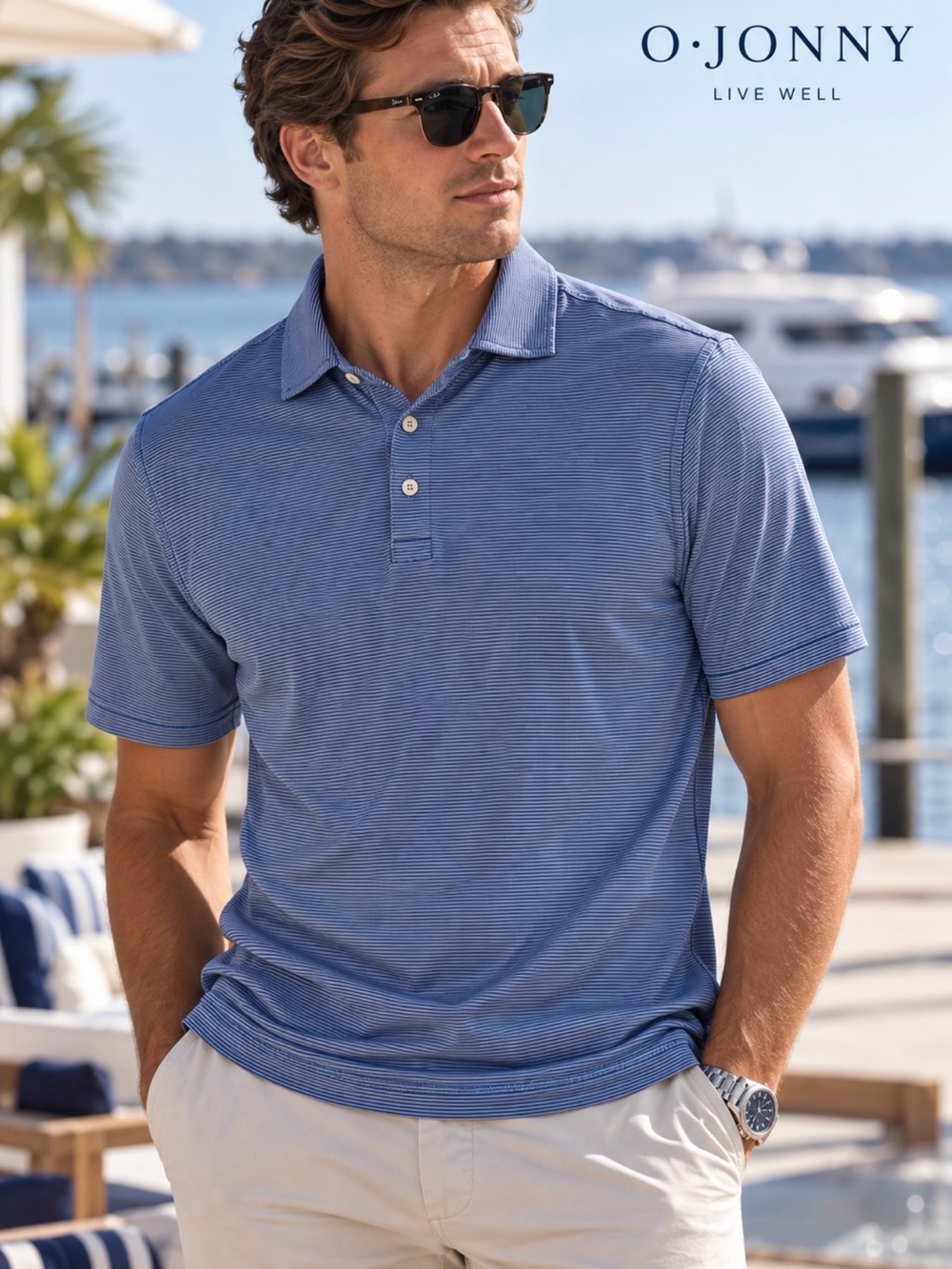johnnie-O Blue Microstripe Short Sleeve Polo